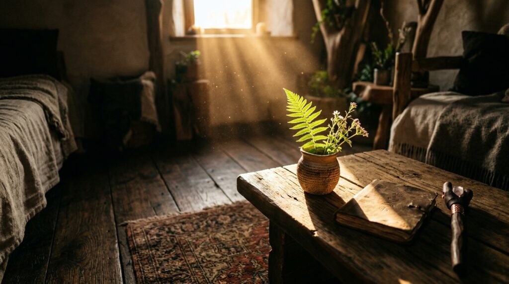 Rincón cálido iluminado por la luz de una ventana, con un helecho y flores silvestres en una jarra sobre una mesa de madera rústica