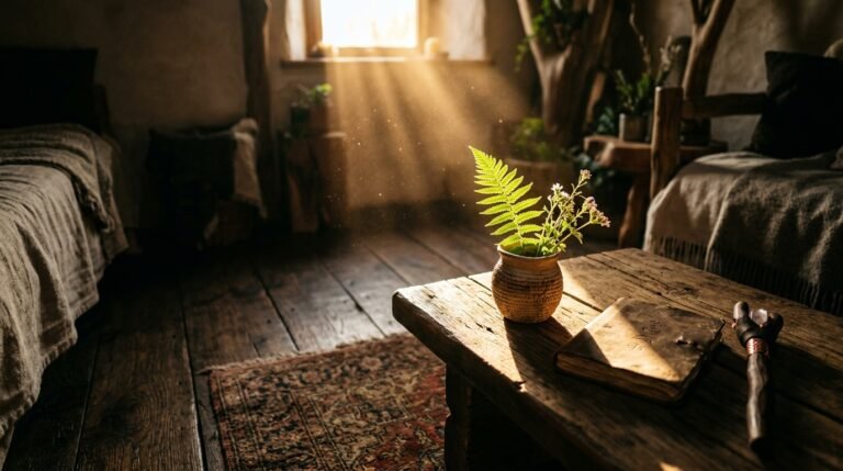Rincón cálido iluminado por la luz de una ventana, con un helecho y flores silvestres en una jarra sobre una mesa de madera rústica