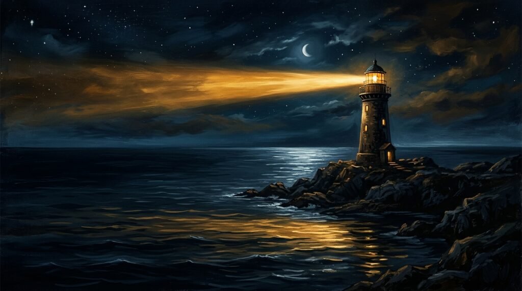 Un faro proyectando un haz cálido sobre un mar en calma de noche: crear desde la emision, no desde la captura.