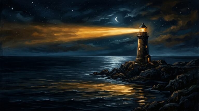 Un faro proyectando un haz cálido sobre un mar en calma de noche: crear desde la emision, no desde la captura.