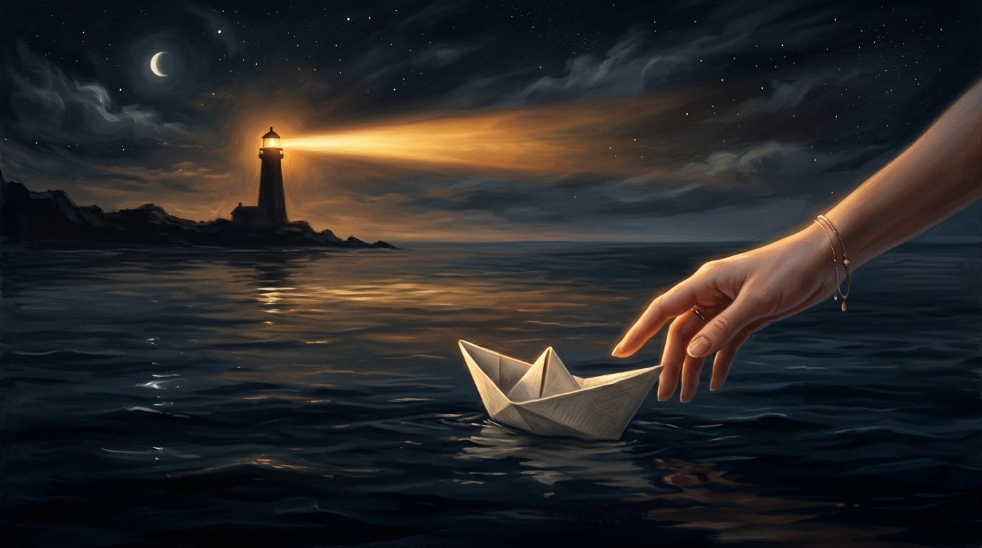 Mano soltando un barquito de papel iluminado por la luz de un faro