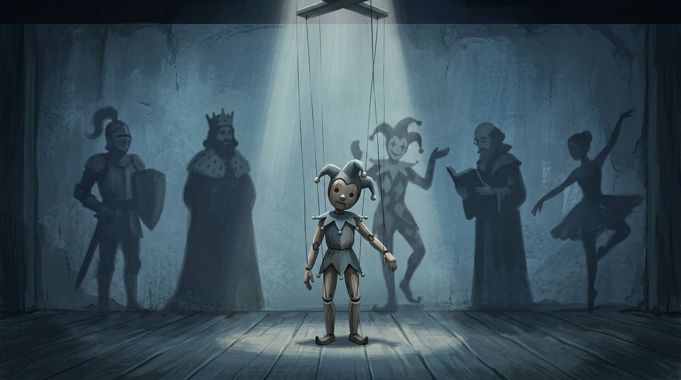 Una sola marioneta que proyecta sombras de distintas figuras y personalidades en tonos fríos