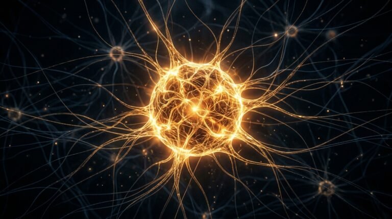 Un nodo de luz dorada irradiando filamentos en un espacio oscuro: la consciencia como una red de la que eres un nodo.