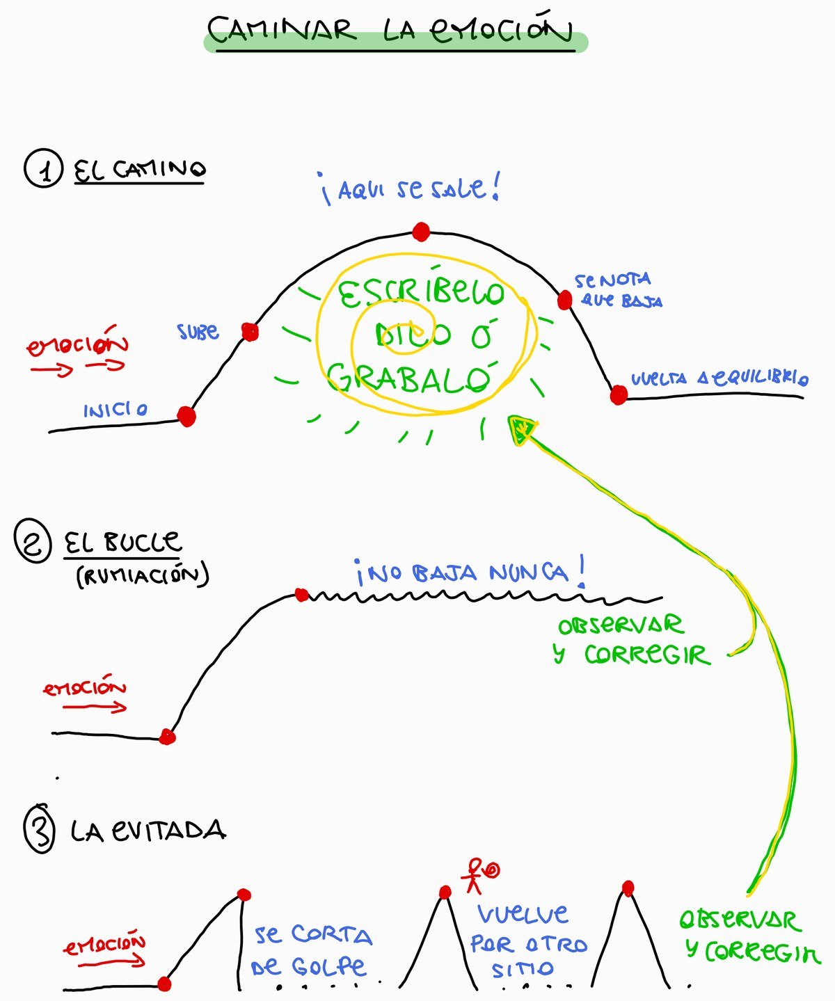Esquema de las tres formas de una emoción: el camino, el bucle y la evitada